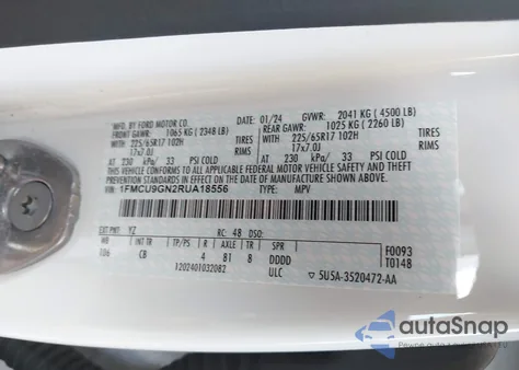 2024 Ford Escape Active z USA, uszkodzony, nr VIN 1FMCU9GN2RUA18556